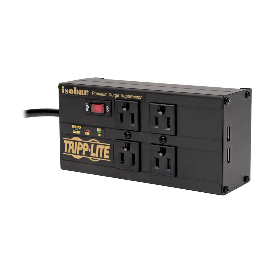 Tripp Lite IBAR4ULTRAUSBB Isobar 4-Outlet Surge Protector - 8 ft. (2.43 m) Cord, Right-Angle Plug, 3330 Joules, 2 USB Ports, Metal Housing