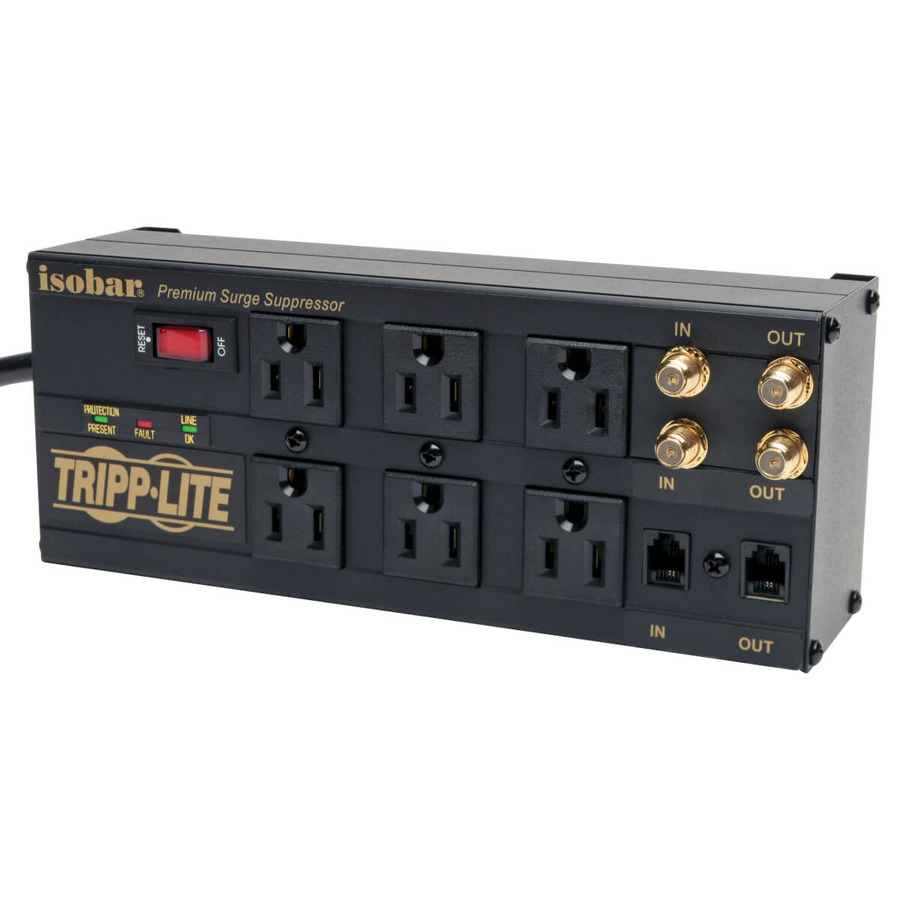 Tripp Lite ISOBAR6DBS Isobar 6-Outlet Surge Protector, 6 ft. Cord with Right-Angle Plug, 3330 Joules, Diagnostic LEDs, Tel/Coax/Modem, Metal