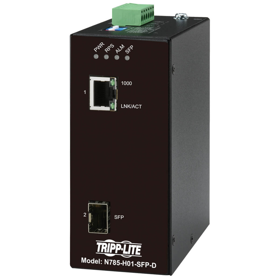 Tripp Lite N785-H01-SFP-D Hardened Gigabit Fiber to Ethernet Media Converter, 10/100/1000 Mbps, RJ45/SFP, -10° to 60°C, DC Power