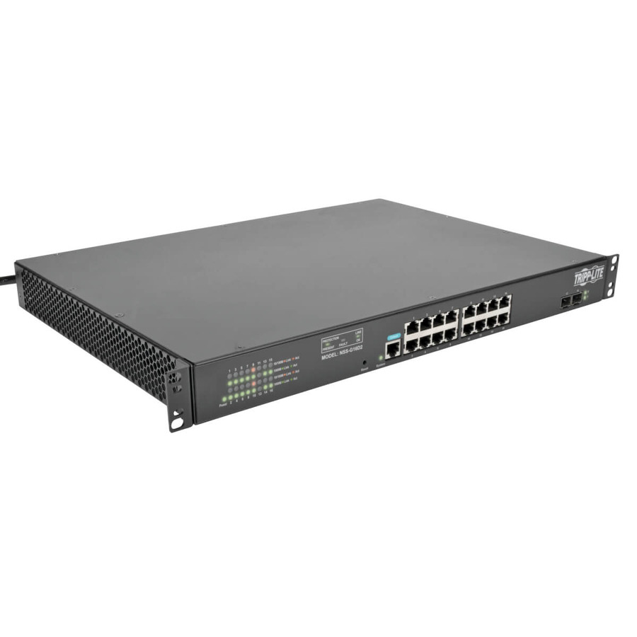 Tripp Lite NSS-G16D2 16 10/100/1000Mbps Port Gigabit L2 Web-Smart Managed Switch, 2 SFP Slots, 36 Gbps, Web, 8-Outlet 120V PDU/Surge Protect