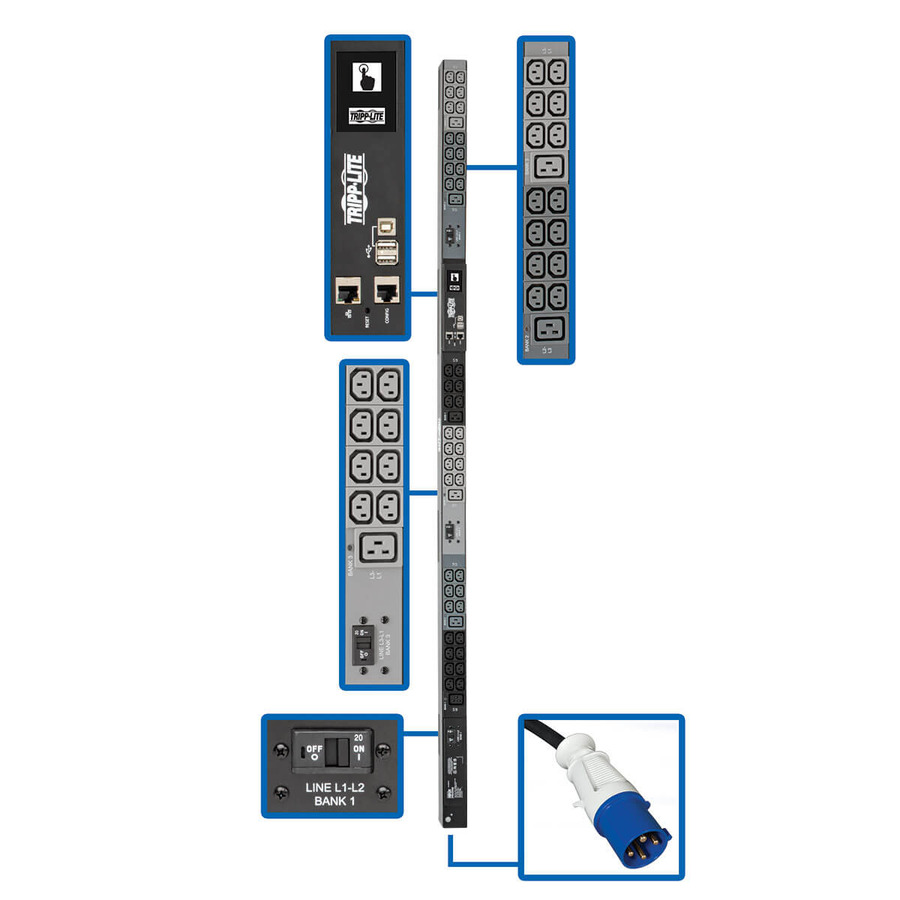 Tripp Lite PDU3EVN10G60B 14.5kW 200-240V 3PH Monitored PDU - LX Interface, Gigabit, 48 Outlets, IEC 309 60A Blue Input, LCD, 3 m Cord, 0U 1.8 m Height, TAA