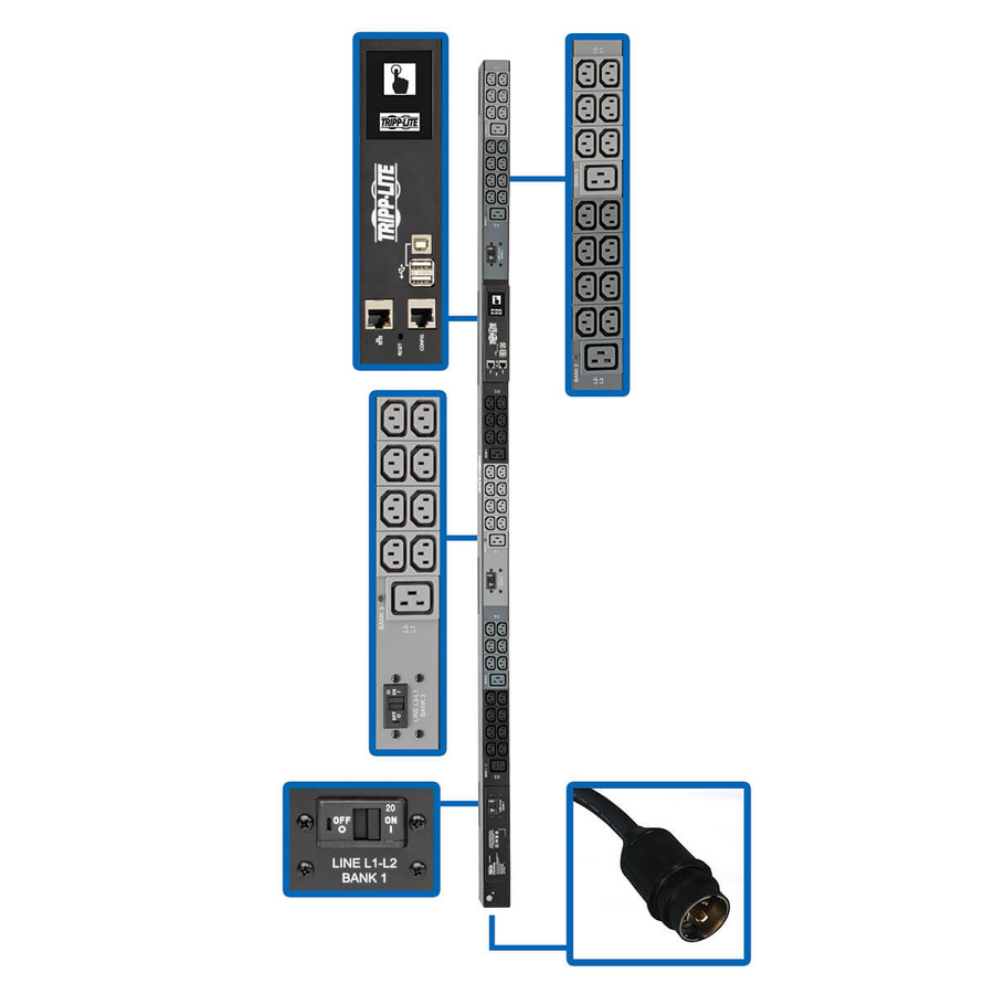 Tripp Lite PDU3EVN10H50B 14.5kW 200-240V 3PH Monitored PDU - LX Interface, Gigabit, 48 Outlets, Hubbell CS8365C Input, LCD, 3 m Cord, 0U 1.8 m Height, TAA