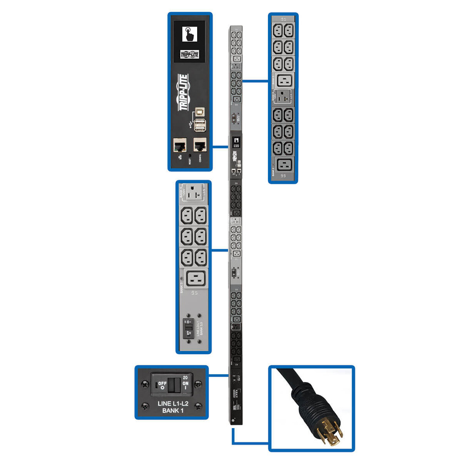 Tripp Lite PDU3EVN10L2130 8.6kW 208/120V 3PH Monitored PDU - LX Interface, Gigabit, 45 Outlets, L21-30P Input, LCD, 3 m Cord, 0U 1.8 m Height, TAA