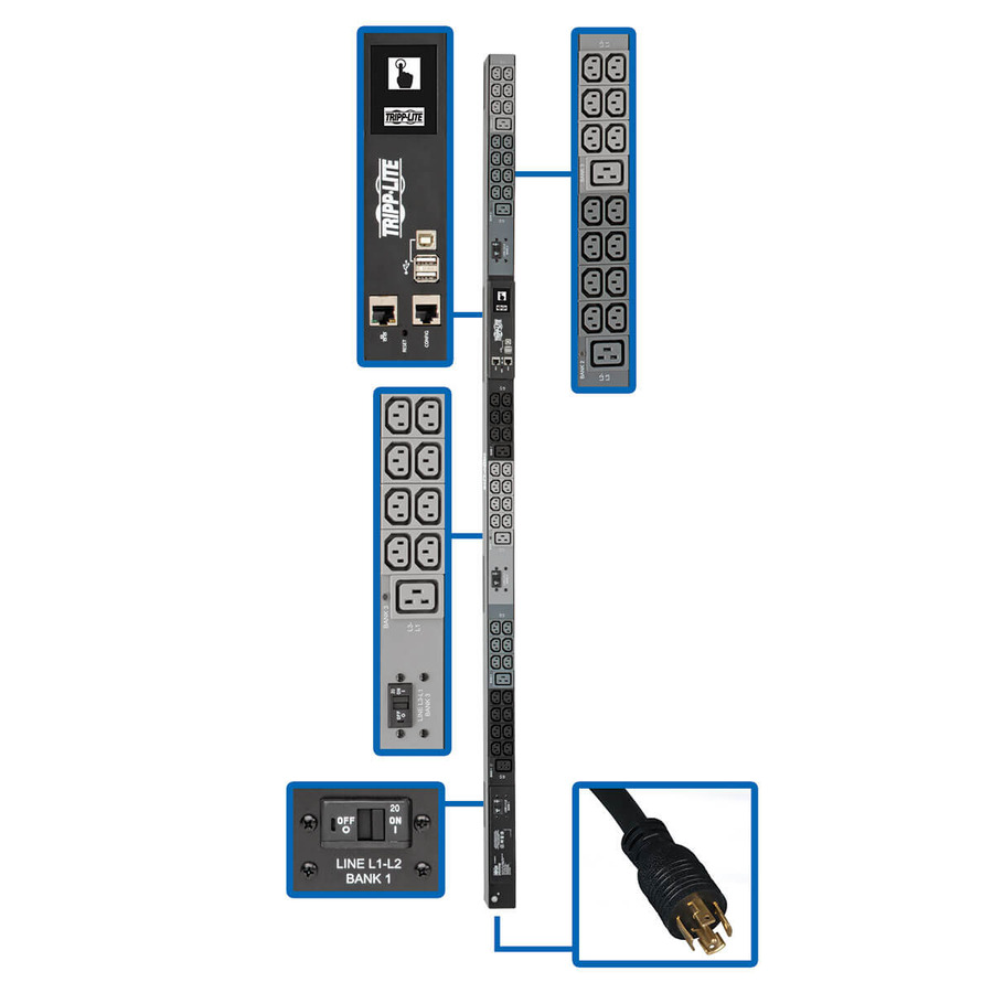 Tripp Lite PDU3EVN10L2130B 10kW 200-240V 3PH Monitored PDU - LX Interface, Gigabit, 48 Outlets, NEMA L21-30P, LCD, 3 m Cord, 0U 1.8 m Height, TAA