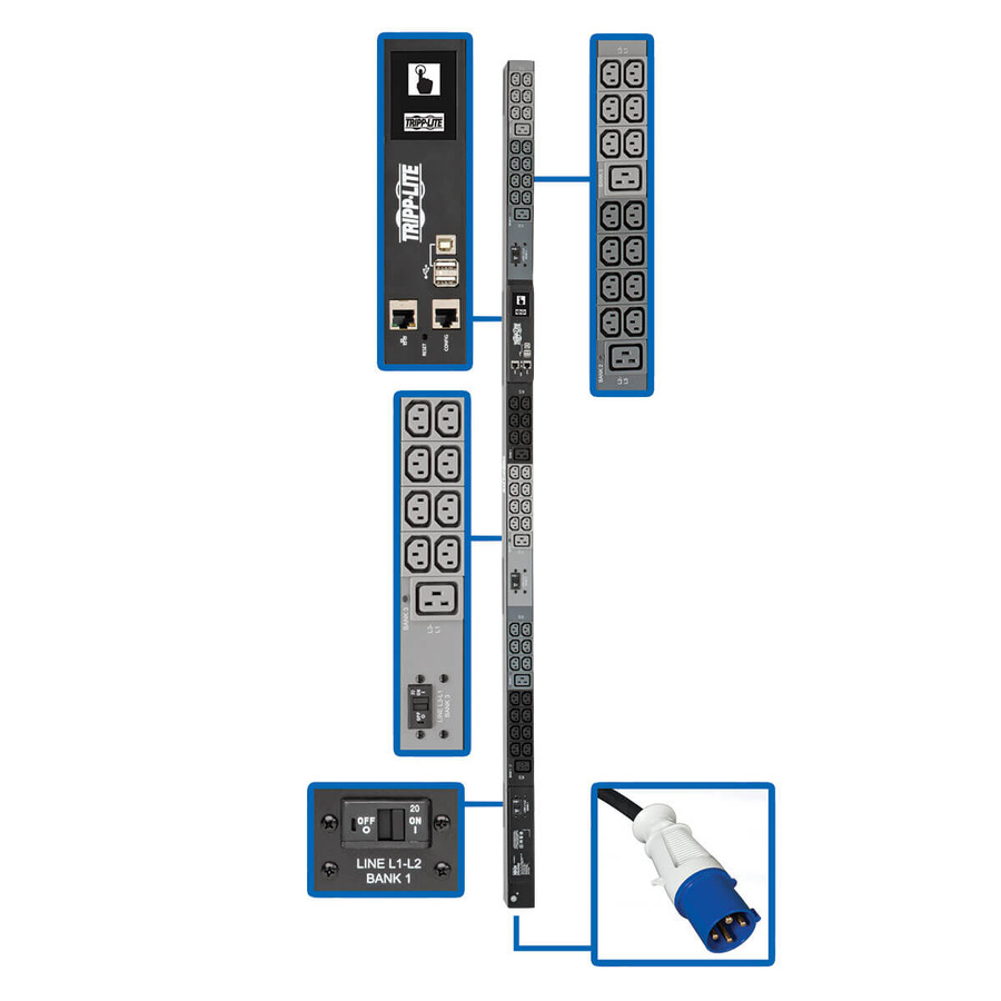 Tripp Lite PDU3EVN6G30B 10kW 200-240V 3PH Monitored PDU - LX Interface, Gigabit, 48 Outlets, IEC-309 30A Blue Input, LCD, 1.8 m Cord, 0U 1.8 m Height, TAA