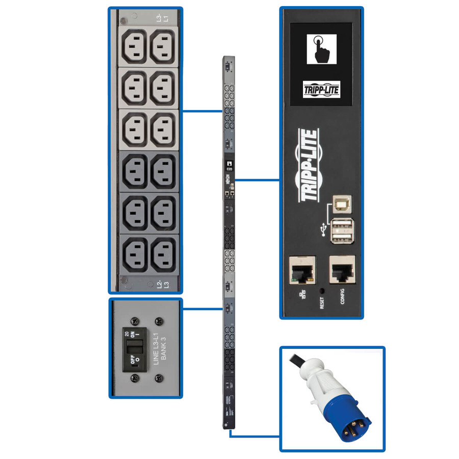 Tripp Lite PDU3EVN6G60C 18.7kW 200-240V 3PH Monitored PDU - LX Interface, Gigabit, 36 C13 Outlets, IEC 309 60A Blue Input, LCD, 1.8 m Cord, 0U 1.8 m Height, TAA