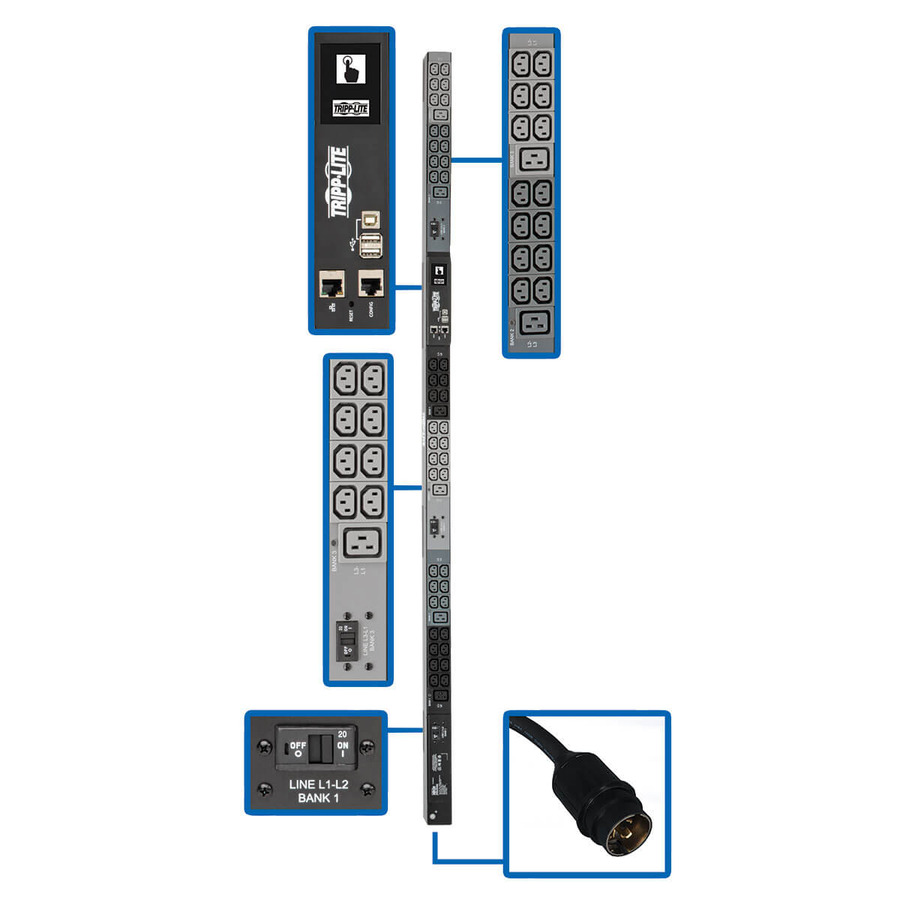 Tripp Lite PDU3EVN6H50B 14.5kW 200-240V 3PH Monitored PDU - LX Interface, Gigabit, 48 Outlets, Hubbell CS8365C Input, LCD, 1.8 m Cord, 0U 1.8 m Height, TAA