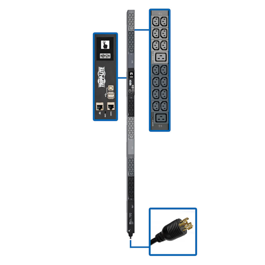 Tripp Lite PDU3EVN6L1520 6.6kW 200-240V 3PH Monitored PDU - LX Interface, Gigabit, 48 Outlets, L15-20P Input, LCD, 1.8 m Cord, 0U 1.8 m Height, TAA