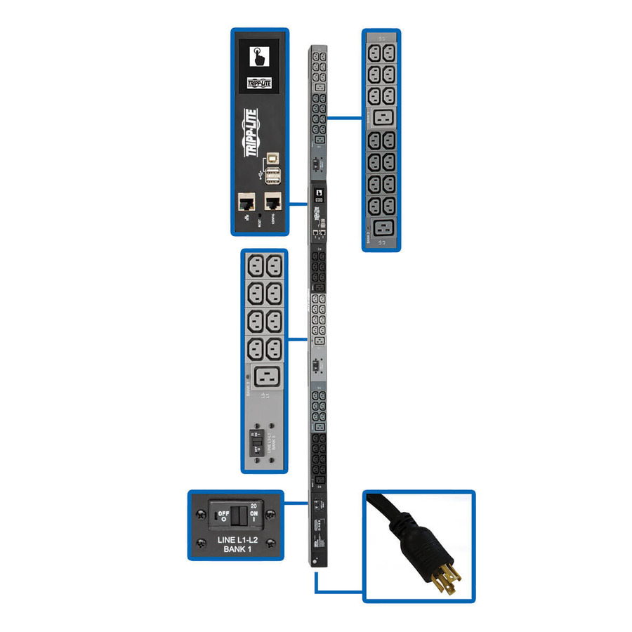 Tripp Lite PDU3EVN6L1530B 10kW 200-240V 3PH Monitored PDU - LX Interface, Gigabit, 48 Outlets, L15-30P, LCD, 1.8 m Cord, 0U 1.8 m Height, TAA