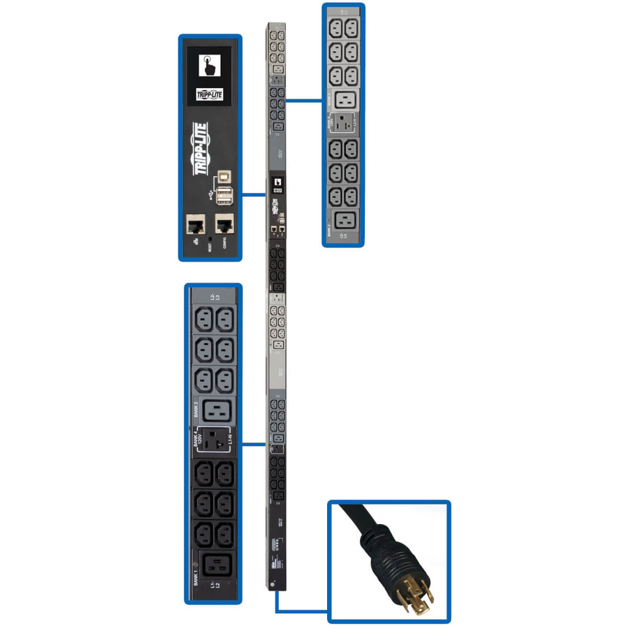 Tripp Lite PDU3EVN6L2120 5.8kW 208/120V 3PH Monitored PDU - LX Interface, Gigabit, 45 Outlets, L21-20P Input, LCD, 1.8 m Cord, 0U 1.8 m Height, TAA