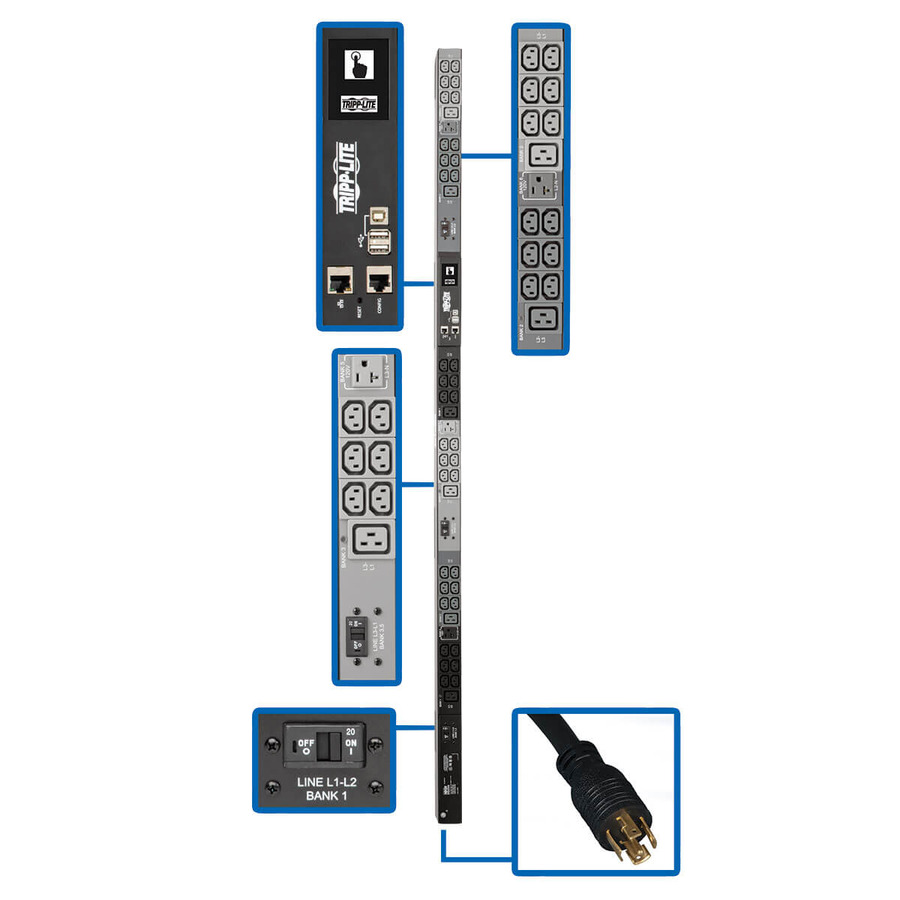 Tripp Lite PDU3EVN6L2130 8.6kW 208/120V 3PH Monitored PDU - LX Interface, Gigabit, 45 Outlets, L21-30P Input, LCD, 1.8 m Cord, 0U 1.8 m Height, TAA