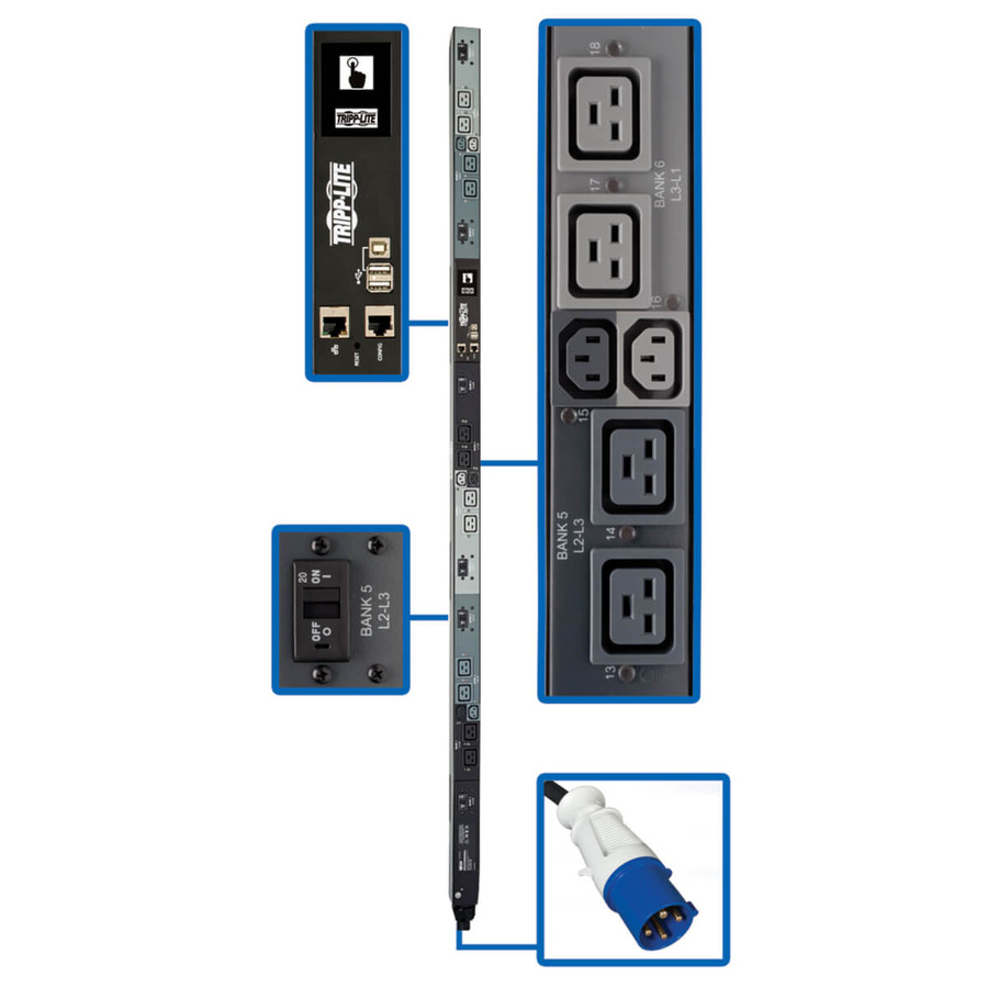 Tripp Lite PDU3EVNR6G60A 16.2kW 208V 3PH Monitored Per-Outlet PDU - LX Interface, Gigabit, 18 Outlets, IEC 309 60A Blue Input, LCD, 1.8 m Cord, 0U 1.8 m Height, TAA