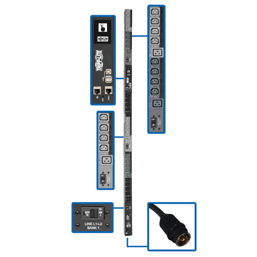 Tripp Lite PDU3EVNR6H50 14.5kW 200-240V 3PH Monitored Per-Outlet PDU - LX Interface, Gigabit, 30 Outlets, 50A CS8365C Input, LCD, 1.8 m Cord, 0U 1.8 m Height, TAA