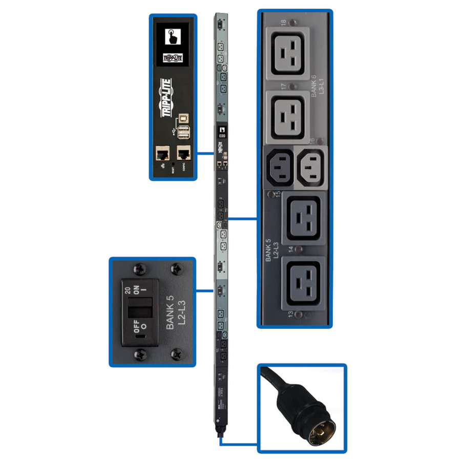 Tripp Lite PDU3EVNR6H50A 14.4kW 208V 3PH Monitored Per-Outlet PDU - LX Interface, Gigabit, 18 Outlets, 50A CS8365C Input, LCD, 1.8 m Cord, 0U 1.8 m Height, TAA