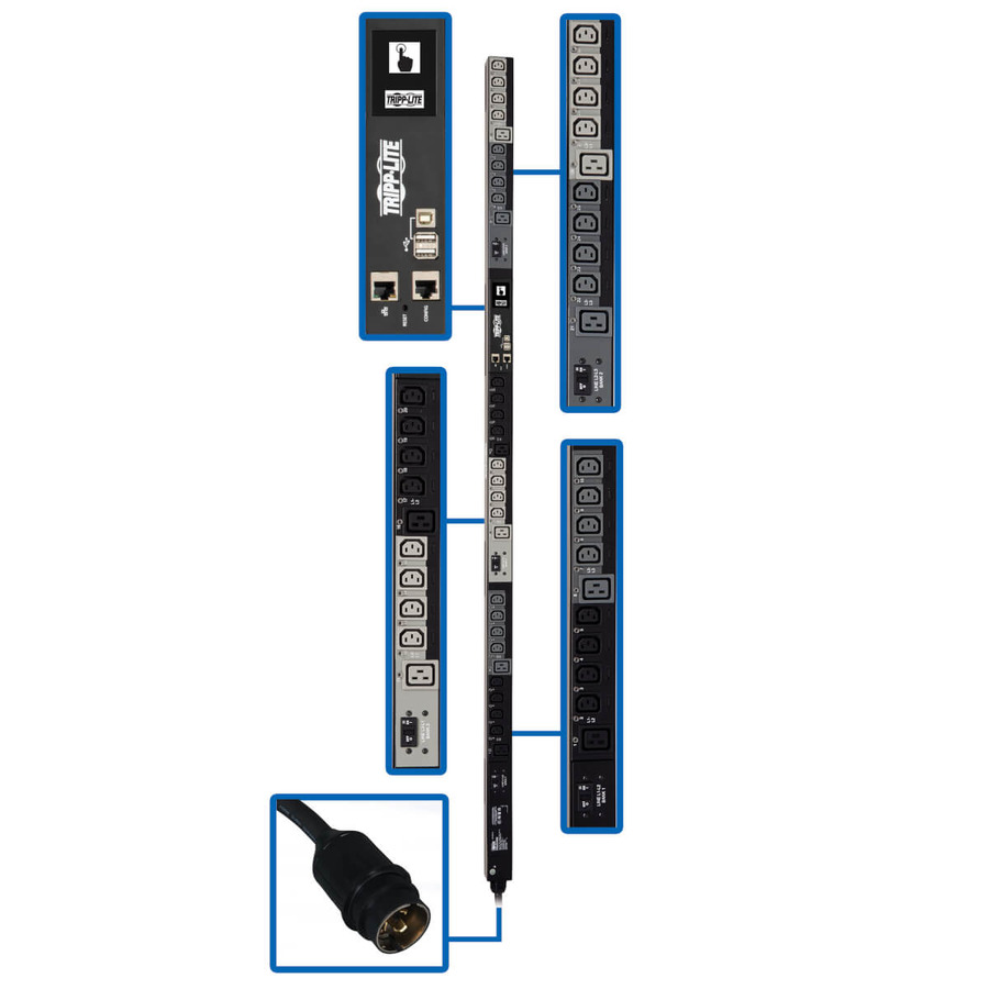 Tripp Lite PDU3EVS6H50 14.5kW 200-240V 3PH Switched PDU - LX Interface, Gigabit, 30 Outlets, Hubbell 50A CS8365C Input, LCD, 1.8 m Cord, 0U 1.8 m Height, TAA