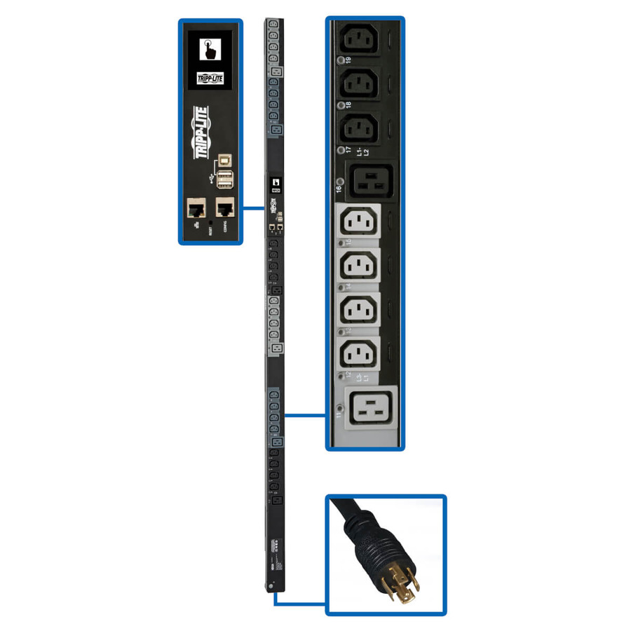 Tripp Lite PDU3EVS6L2120 6.7kW 200-240V 3PH Switched PDU - LX Interface, Gigabit, 30 Outlets, L21-20P Input, LCD, 1.8 m Cord, 0U 1.8 m Height, TAA