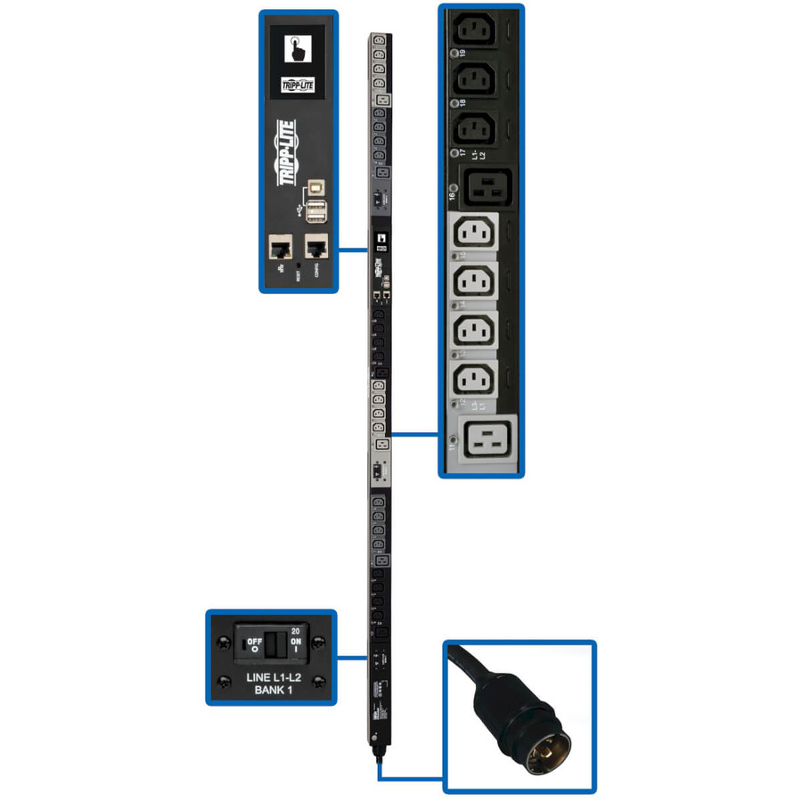 Tripp Lite PDU3EVS6L2130 10kW 200-240V 3PH Switched PDU, LX Interface, Gigabit, 30 Outlets, L21-30P Input, LCD, 1.8 m Cord, 0U 1.8 m Height, TAA