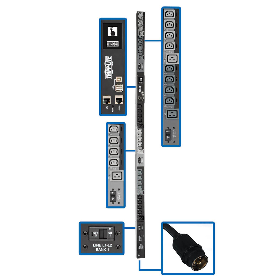 Tripp Lite PDU3EVSR10H50 14.5kW 200-240V 3PH Switched PDU - LX Interface, Gigabit, 30 Outlets, Hubbell CS8365C Input, LCD, 3 m Cord, 0U 1.8 m Height, TAA