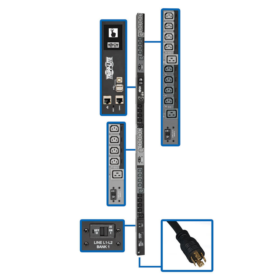 Tripp Lite PDU3EVSR10L1530 10kW 200-240V 3PH Switched PDU - LX Interface, Gigabit, 30 Outlets, L15-30P Input, LCD, 3 m Cord, 0U 1.8 m Height, TAA