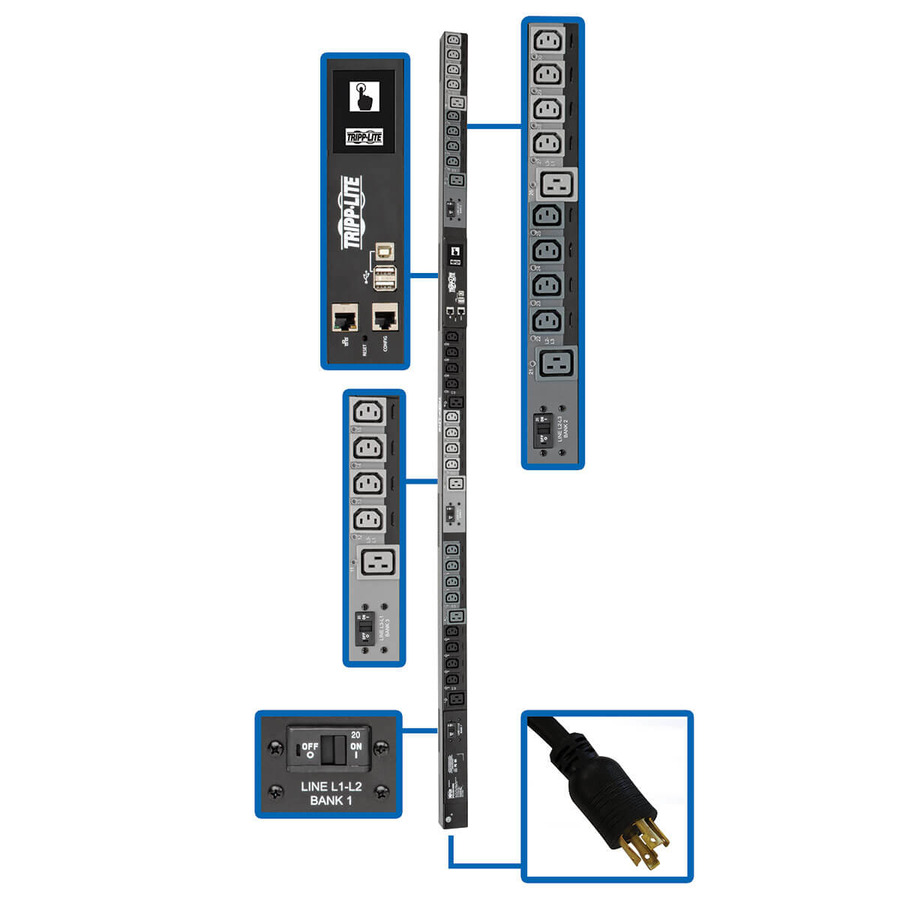 Tripp Lite PDU3EVSR10L2130 10kW 200-240V 3PH Switched PDU - LX Interface, Gigabit, 30 Outlets, L21-30P Input, LCD, 3 m Cord, 0U 1.8 m Height, TAA