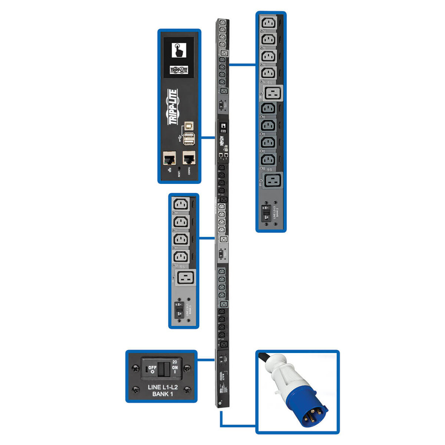 Tripp Lite PDU3EVSR6G60 14.5kW 200-240V 3PH Switched PDU - LX Interface, Gigabit, 30 Outlets, IEC 309 60A Blue Input, LCD, 1.8 m Cord, 0U 1.8 m Height, TAA