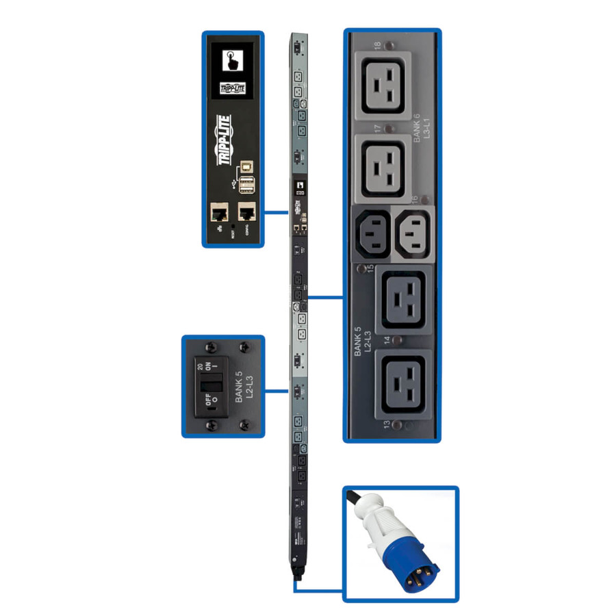 Tripp Lite PDU3EVSR6G60A 16.2kW 208V 3PH Switched PDU - LX Interface, Gigabit, 18 Outlets, IEC 309 60A Blue Input, Outlet Monitoring, LCD, 1.8 m Cord, 0U 1.8 m Height, TAA