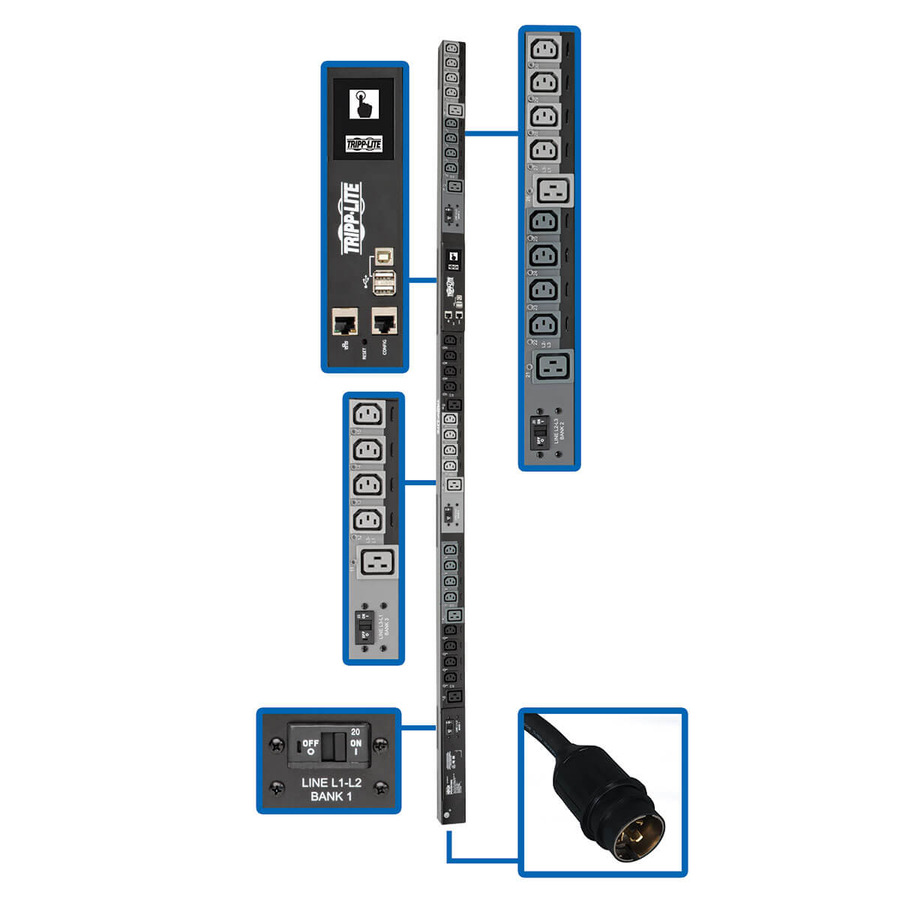 Tripp Lite PDU3EVSR6H50 14.5kW 200-240V 3PH Switched PDU - LX Interface, Gigabit, 30 Outlets, Hubbell CS8365C Input, LCD, 1.8 m Cord, 0U 1.8 m Height, TAA