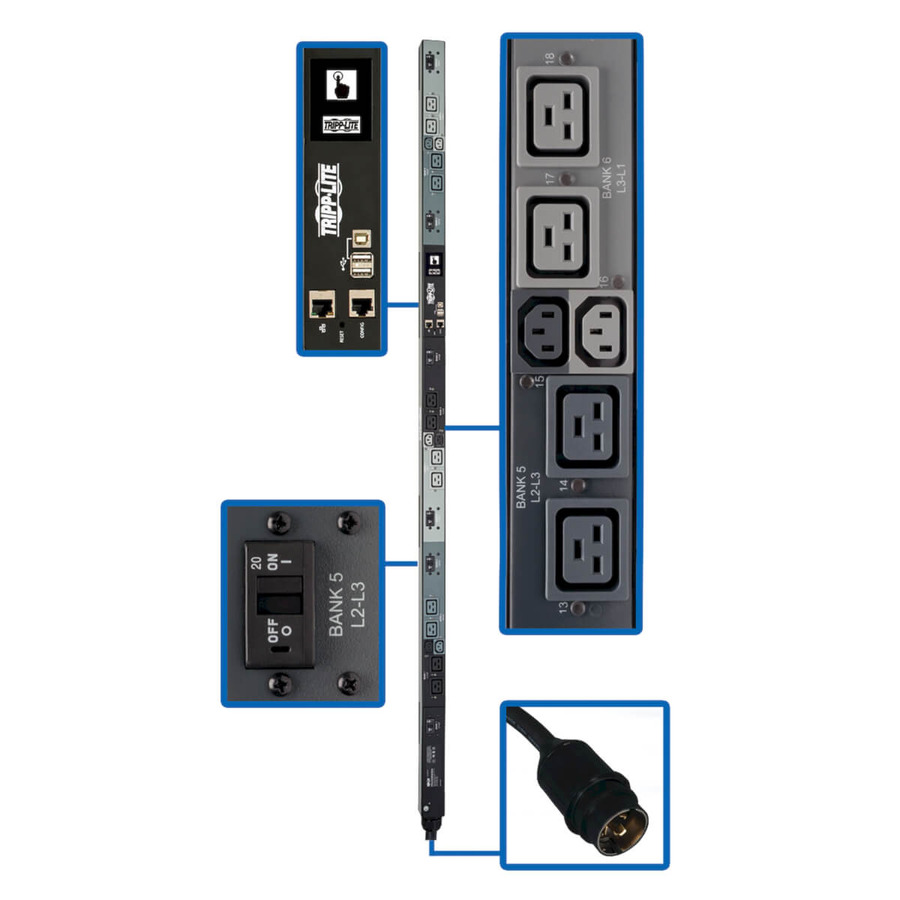 Tripp Lite PDU3EVSR6H50A 14.4kW 208V 3PH Switched PDU - LX Interface, Gigabit, 18 Outlets, Hubbell 50A CS8365C Input, Outlet Monitoring, LCD, 1.8 m Cord, 0U 1.8 m Height, TAA