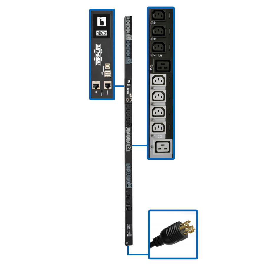 Tripp Lite PDU3EVSR6L1520 6.7kW 200-240V 3PH Switched PDU - LX Interface, Gigabit, 30 Outlets, L15-20P Input, Outlet Monitoring, LCD, 1.8 m Cord, 0U 1.8 m Height, TAA