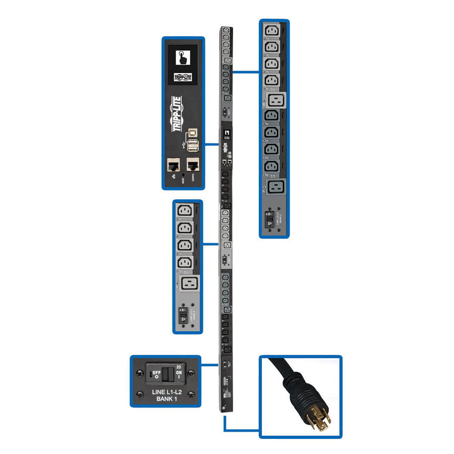 Tripp Lite PDU3EVSR6L1530 10kW 200-240V 3PH Switched PDU - LX Interface, Gigabit, 30 Outlets, L15-30P Input, LCD, 1.8 m Cord, 0U 1.8 m Height, TAA