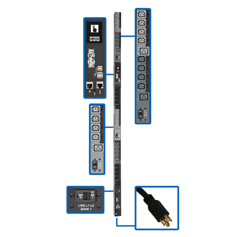 Tripp Lite PDU3EVSR6L2130 10kW 200-240V 3PH Switched PDU - LX Interface, Gigabit, 30 Outlets, L21-30P Input, LCD, 1.8 m Cord, 0U 1.8 m Height, TAA