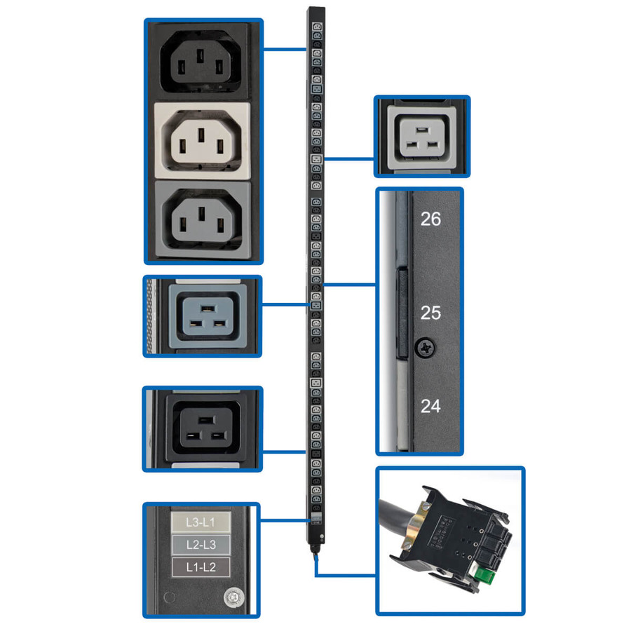 Tripp Lite PDU3V20D354A 8.6/12.6kW 3-Phase Vertical PDU Strip, 208V Outlets (42 C13 & 12 C19), 0U Rack-Mount, Accessory for Select ATS PDUs