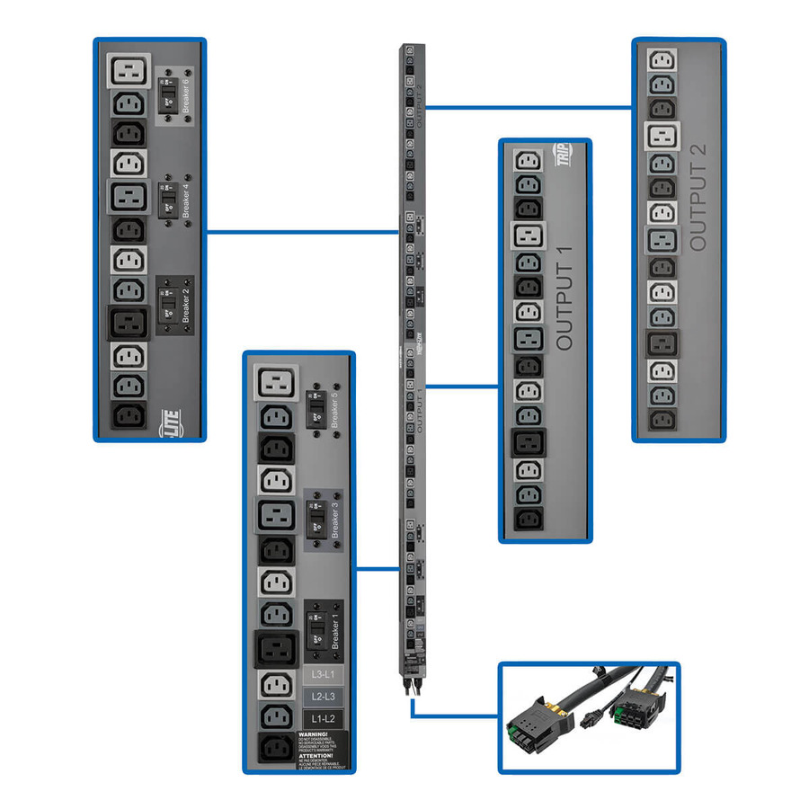 Tripp Lite PDU3V602D354A 17.3kW 3-Phase Vertical PDU Strip, 208V Outlets (42 C13 & 12 C19), 0U Rack-Mount, Accessory for Select ATS PDUs