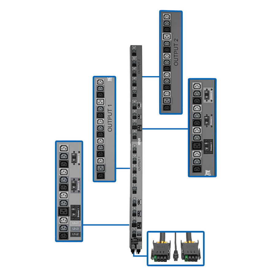 Tripp Lite PDU3V602D354B 17.3kW 3-Phase Vertical PDU Strip, 208V Outlets (48 C13 & 6 C19), 0U Rack-Mount, Accessory for Select ATS PDUs