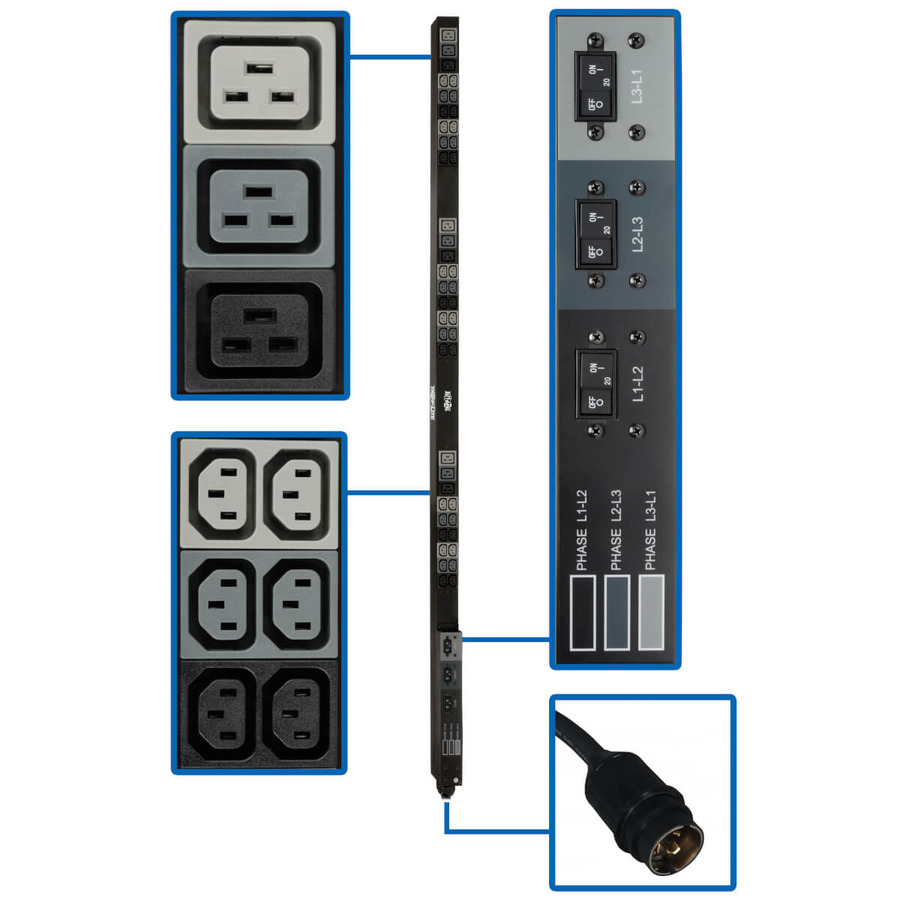 Tripp Lite PDU3V6H50 12.6kW 208V 3-Phase Basic PDU - 45 Outlets (36 C13, 9 C19), Hubbell 50A CS8365C Input, 6 ft. Cord, 70 in. 0U, TAA