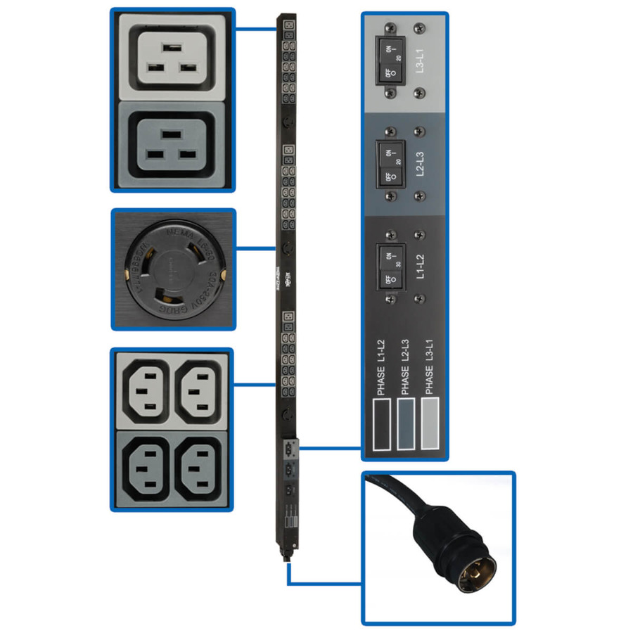 Tripp Lite PDU3V6H50A 14.4kW 208V 3-Phase Basic PDU - 45 Outlets (36 C13, 3 C19, 3 L6-30R), Hubbell 50A CS8365C Input, 6 ft. Cord, 70 in. 0U, TAA