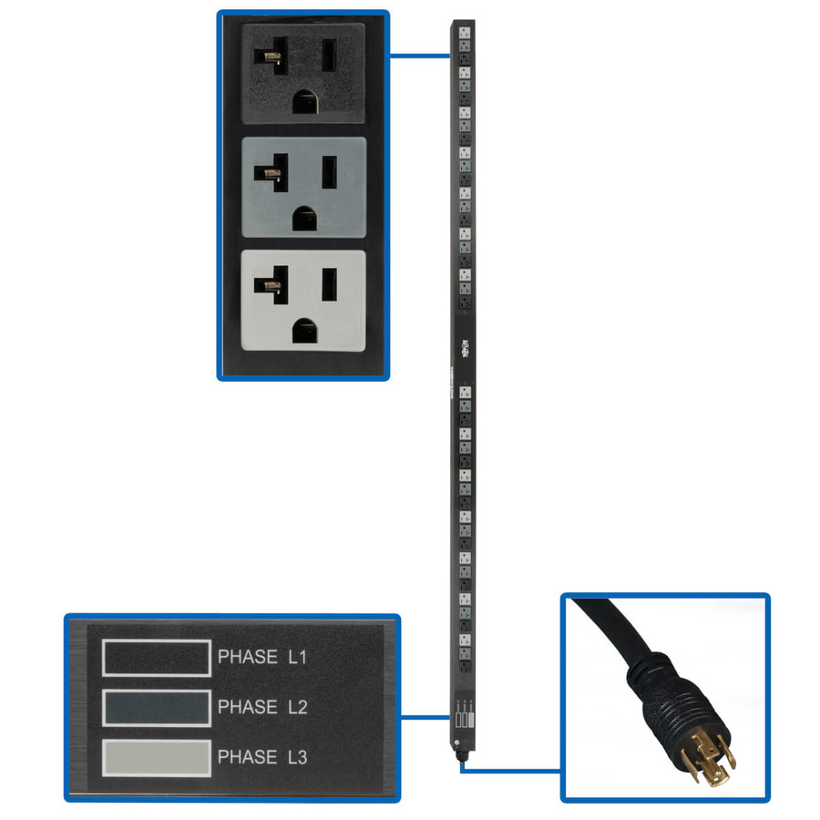 Tripp Lite PDU3V6L2120LV 5.7kW 3-Phase Basic PDU - 42 NEMA 5-15/20R 120V Outlets, 208V L21-20P Input, 6 ft. Cord, 70 in. 0U Rack, TAA