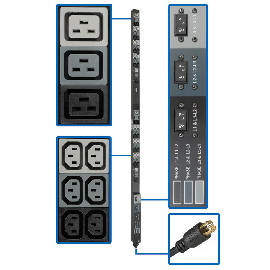 Tripp Lite PDU3V6L2130 8.6kW 208/120V Three-Phase Basic PDU - 48 Outlets (36 C13, 6 C19, 6 5-15/20R), L21-30P Input, 6 ft. Cord, 70 in. 0U Rack