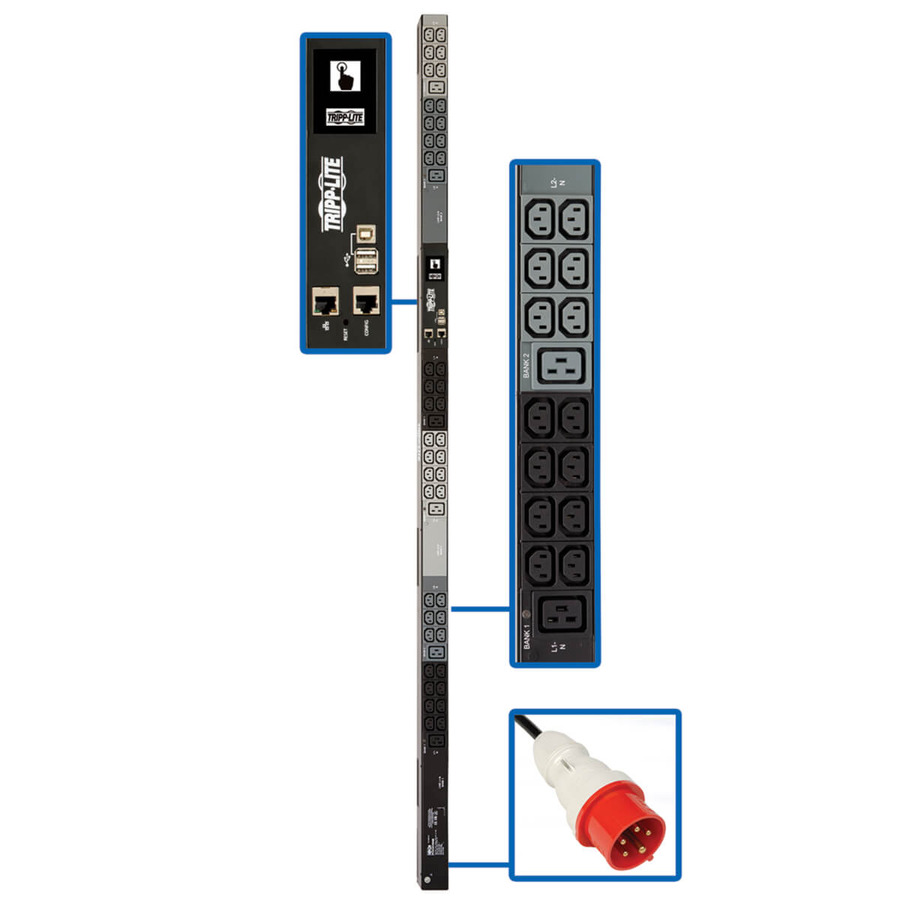 Tripp Lite PDU3XEVN6G20 11.5kW 208-240V 3PH Monitored PDU - LX Interface, Gigabit, 48 Outlets, IEC 309 16/20A Red 360-415V Input, LCD, 1.8 m Cord, 0U 1.8 m Height, TAA