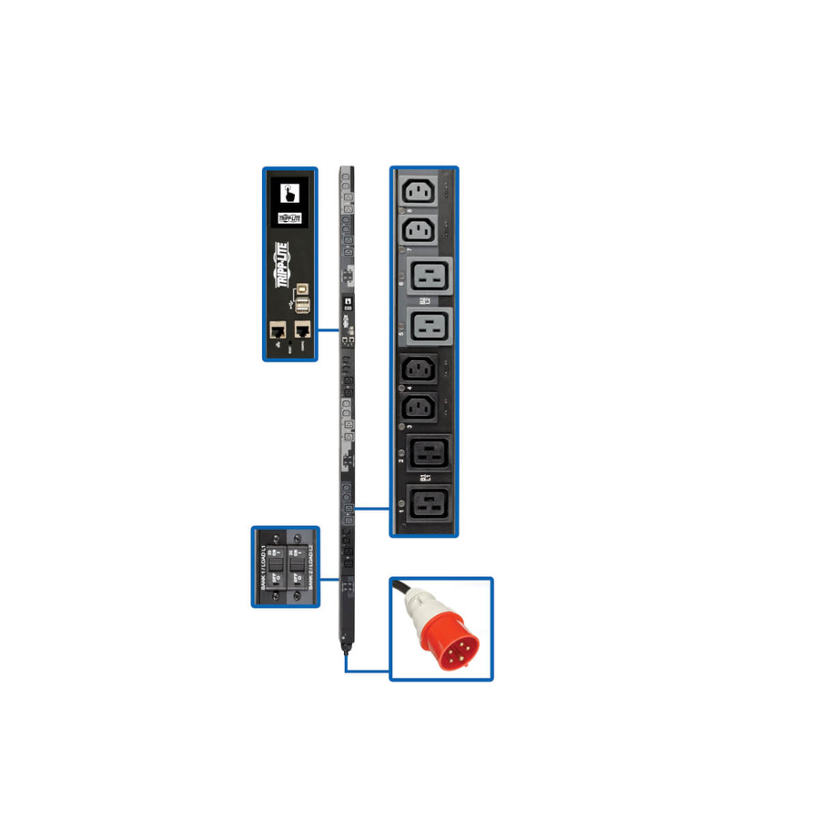 Tripp Lite PDU3XEVSR6G30A 17.3kW 220-240V 3PH Switched PDU - LX Interface, Gigabit, 24 Outlets, IEC 309 30A Red 380-415V Input, Outlet Monitoring, LCD, 1.8 m Cord, 0U 1.8 m Height, TAA