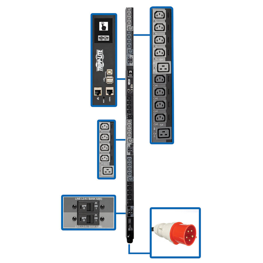 Tripp Lite PDU3XEVSR6G30B 17.3kW 220-240V 3PH Switched PDU - LX Interface, Gigabit, 30 Outlets, IEC 309 30A Red 380-415V Input, Outlet Monitoring, LCD, 1.8 m Cord, 0U 1.8 m Height, TAA