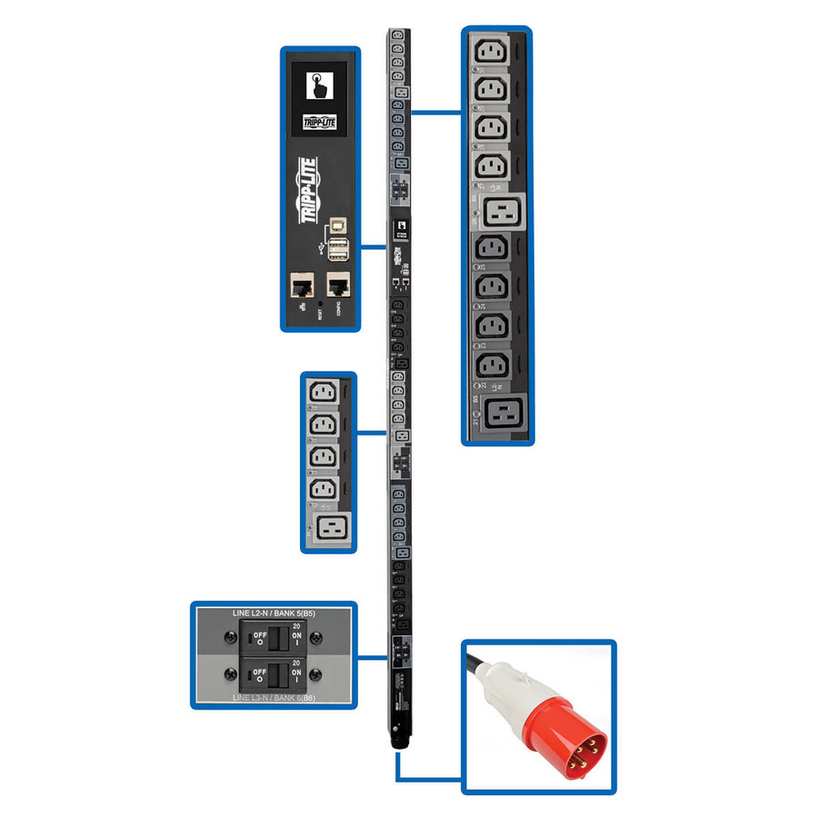 Tripp Lite PDU3XEVSR6G60B 25.2kW 220-240V 3PH Switched PDU - LX Interface, Gigabit, 30 Outlets, IEC 309 60A Red 380-415V Input, Outlet Monitoring, LCD, 1.8 m Cord, 0U 1.8 m Height, TAA