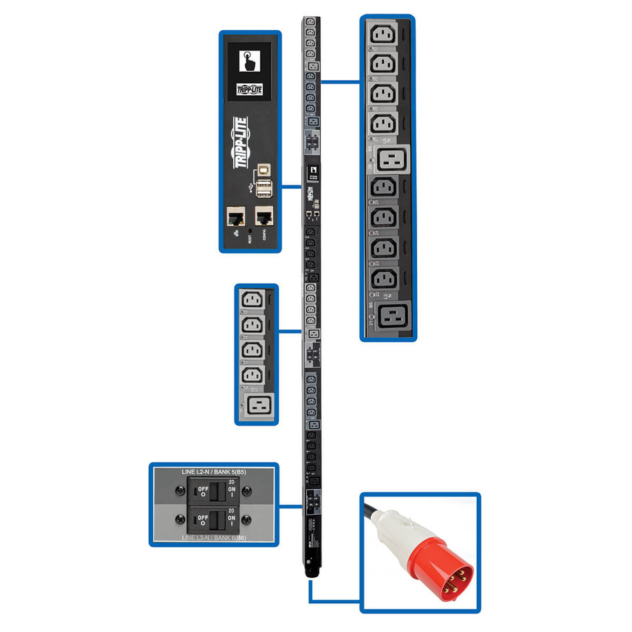 Tripp Lite PDU3XEVSR6G63B 28.8kW 220-240V 3PH Switched PDU - LX Interface, Gigabit, 30 Outlets, IEC 309 63A Red 380-415V Input, LCD, 1.8 m Cord, 0U 1.8 m Height, TAA