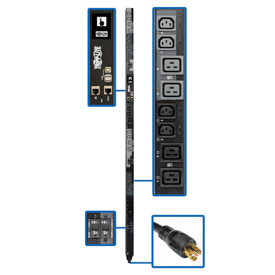 Tripp Lite PDU3XEVSR6L2230 17.3kW 200-240V 3PH Switched PDU - LX Interface, Gigabit, 24 Outlets, L22-30P 380-415V Input, Outlet Monitoring, LCD, 1.8 m Cord, 0U 1.8 m Height, TAA