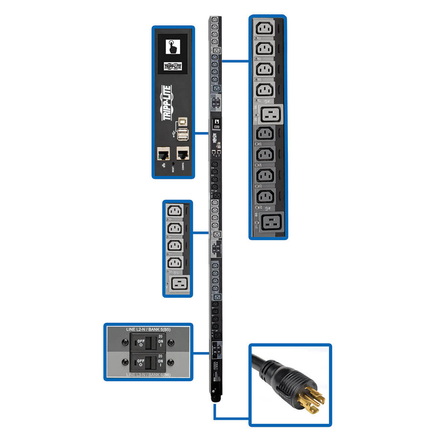 Tripp Lite PDU3XEVSR6L230B 17.3kW 220-240V 3PH Switched PDU - LX Interface, Gigabit, 30 Outlets, L22-30P 380-415V Input, LCD, 1.8 m Cord, 0U 1.8 m Height, TAA