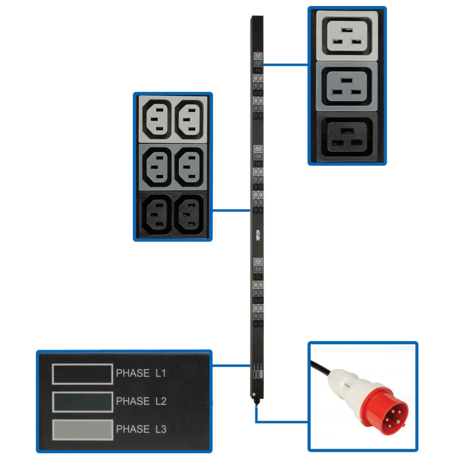 Tripp Lite PDU3XV6G20 11.5kW 3-Phase Basic PDU - 45 208-240V Outlets (36 C13, 9 C19), IEC 309 16/20A Red 360-415V Input, 6 ft. Cord, 70 in. 0U, TAA