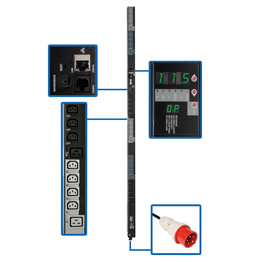 Tripp Lite PDU3XVSR6G20 11.5kW 3-Phase Switched PDU, 208-240V Outlets (24 C13, 6 C19), IEC309 16/20A Red, 360-415V Input, 0U, TAA