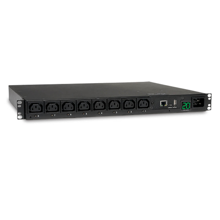 Tripp Lite PDUMH20HVNET 3.7kW Single-Phase 208/230V Switched PDU - LX Platform, 8 C13 Outlets, C20 Input with L6-20P Adapter, 2.4m Cord, 1U Rack-mount, TAA