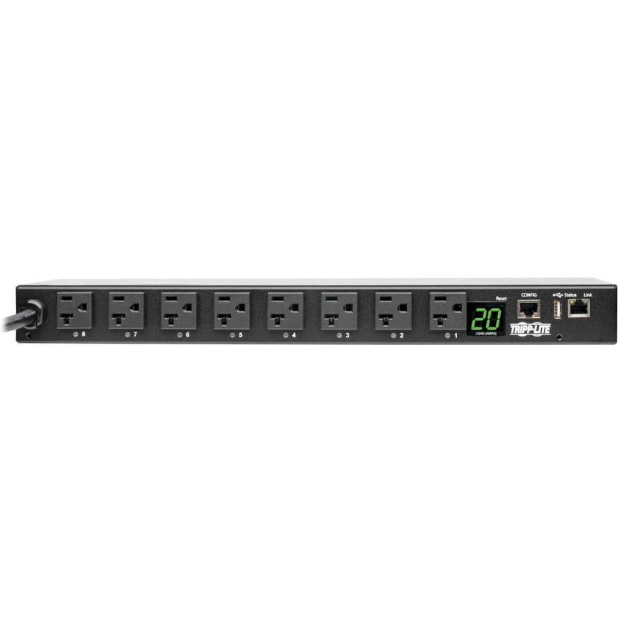 Tripp Lite PDUMH20NET2LX 1.9kW Single-Phase Switched PDU, LX Interface, 120V Outlets (8 5-15/20R), NEMA L5-20P/5-20P input, 12 ft. (3.66 m) Cord, 1U Rack, TAA