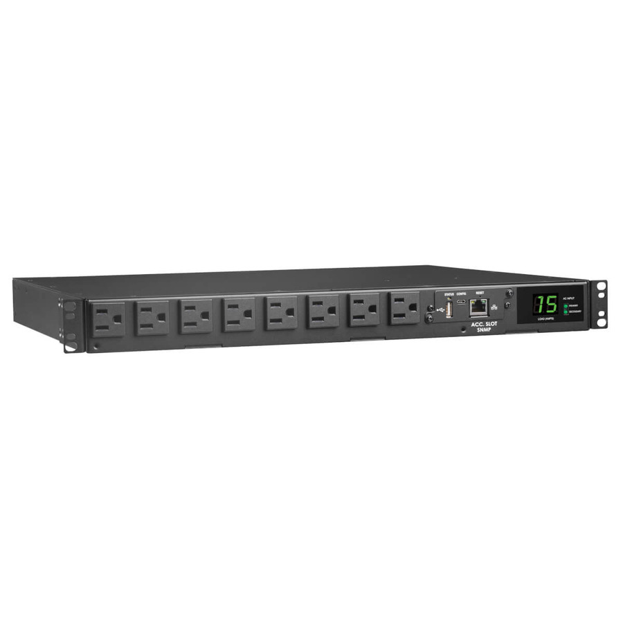 Tripp Lite PDUMNH15AT1 1.44kW 120V Single-Phase ATS/Monitored PDU - 8 NEMA 5-15R Outlets, Dual 5-15P Inputs, 12 ft. Cords, 1U, TAA